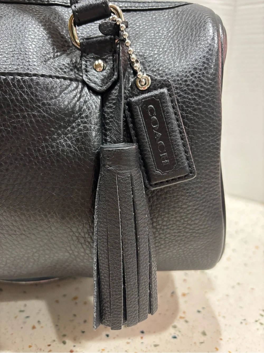 Vintage Coach Black Pebbled Leather Satchel with Tassel Charm
